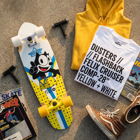Ride with Purpose: The DUSTERS // FLASHBACK FELIX CRUISER COMP-28" YELLOW + WHITE Message — SPARX Board Co.
