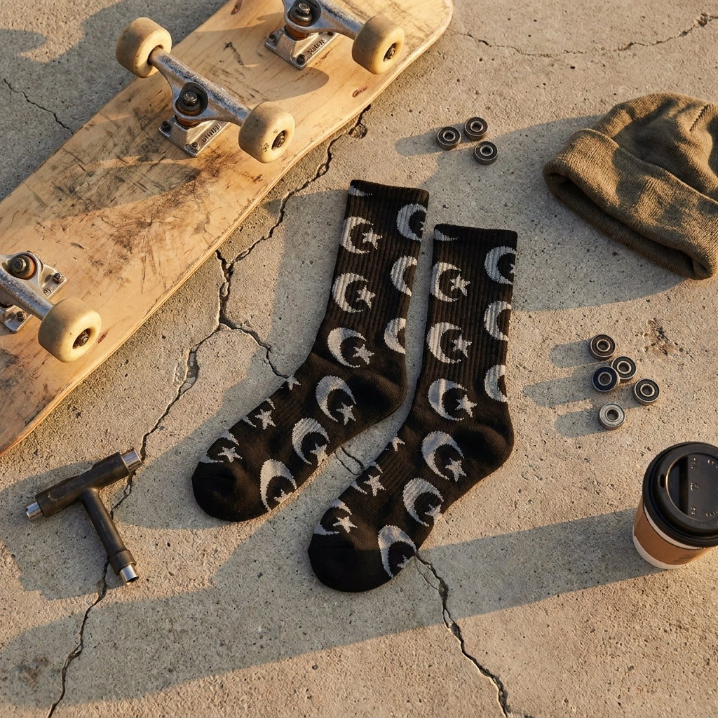 Beyond the Tread: Unpacking 'FOUND STAR & MOON REPEAT SOCKS BLACK 1pr' with SPARX Board Co. — SPARX Board Co.